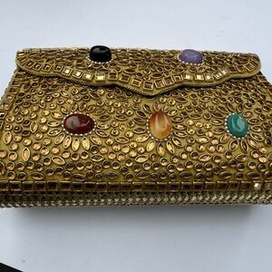 Hand Crafted Gold kundan Gemstone Clutch bag with shoulder chain